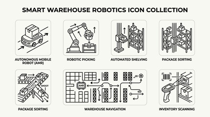 Fototapeta premium Smart warehouse robotics icon collection