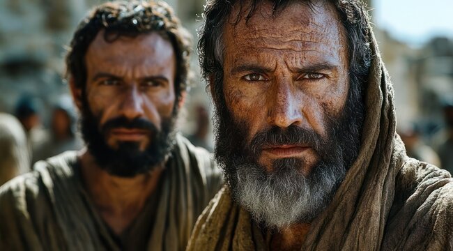 close-up portrait of a weathered bearded man in a hooded robe with a solemn, intense gaze and a blurred companion in a dusty outdoor setting