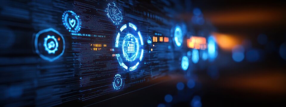 glowing blue digital interface with circular data icons, streaming code and light trails conveying futuristic speed, connectivity and high-tech information flow