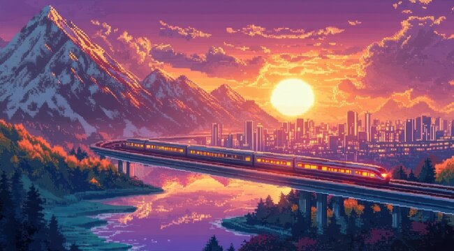 Pixel-art sunset over snow-capped mountains and glowing city skyline, a high-speed train crossing an elevated curved bridge over a reflective river with pine forest and nostalgic calm