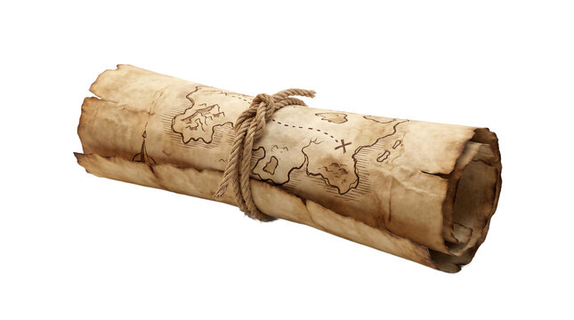 Rolled treasure map tied with rustic twine featuring an ink illustration of a hidden destination