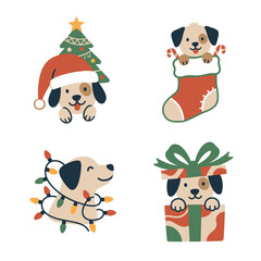 Fototapeta premium Cute Christmas puppy clipart set with stocking lights and gifts