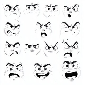 sheet of sixteen black-and-white cartoon faces displaying angry, surprised, frustrated and mischievous expressions with bold eyebrows and exaggerated mouths
