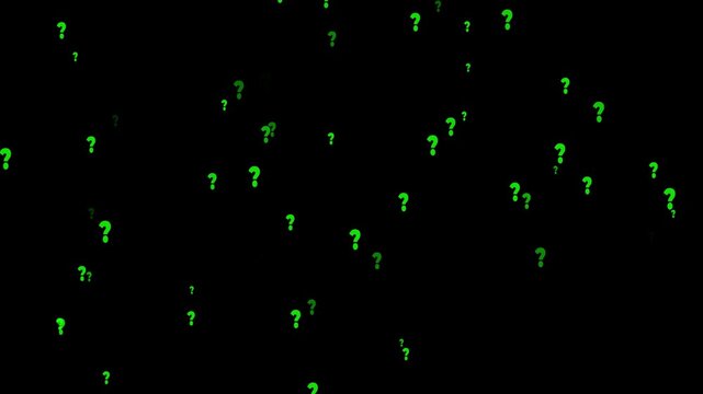 Green question mark symbols floating on black background, abstract concept of uncertainty and faq help
