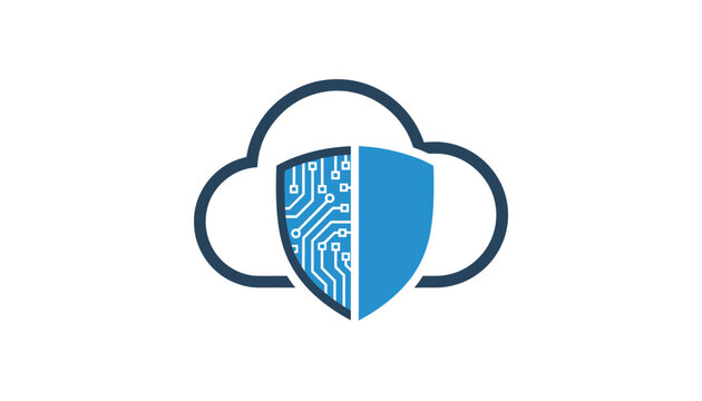Cloud database security logo featuring a blue shield with digital circuit patterns in front of a white cloud.