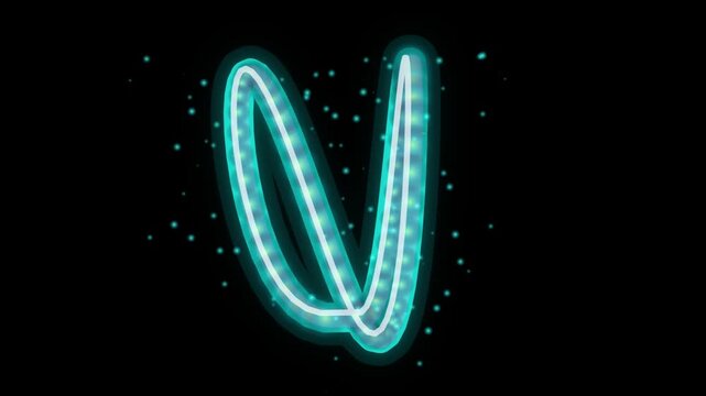 Glowing neon letter v shape animated with sparkling particles on black background abstract