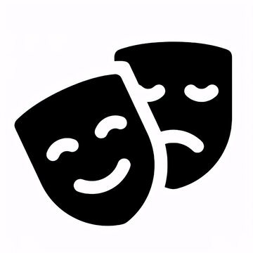 Minimalist black theater masks icon featuring comedy and tragedy expressions, representing drama, acting, performance, entertainment, stage arts, and theatrical culture on a white background.