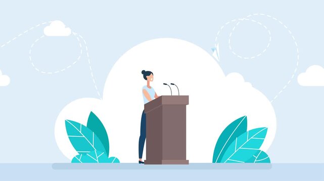 Woman speaker talking behind tribunes with microphones. Political debates, corporate conference presentation, public speaking speech or business discussion. Businesswoman. 2d flat animation. Video
