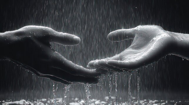 two outstretched hands reaching toward each other in pouring rain, water dripping and conveying connection, longing and tenderness