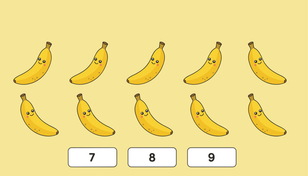 Educational counting game for kids featuring ten cute smiling cartoon bananas with numbers seven, eight, and nine below.