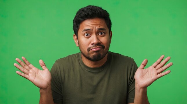 Confused Young Asian Man Shrugging Shoulders and Raising Palms with Uncertain Expression on Green Screen