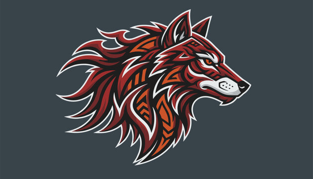 Powerful red and orange wolf head logo designed with fierce tribal patterns and sharp details on a dark background.