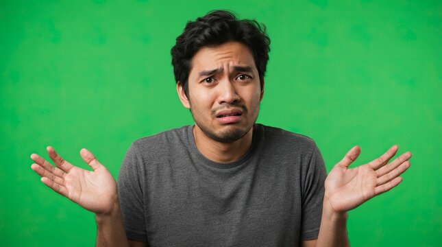 Confused Young Asian Man Shrugging Shoulders and Looking Clueless Against Green Screen Background