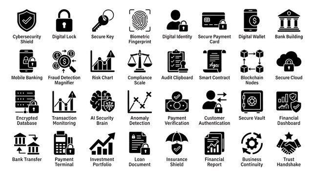 Financial security and blockchain icons displayed in a comprehensive collection of solid symbols for modern banking and fintech platforms.