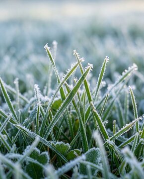 The first frost on the autumn grass, frozen green blades of grass covered with delicate ice crystals and dew drops at dawn, concept of transition from autumn to winter on a cool morning meadow.