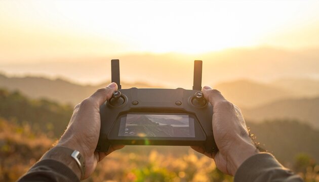 Drone Controller in Hands During Aerial Flight Over Mountains at Sunset