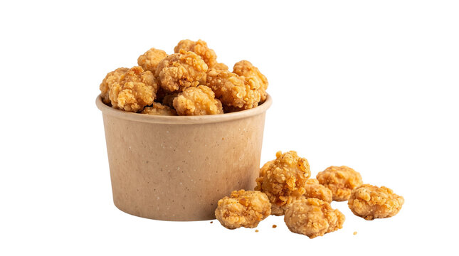 Crispy popcorn chicken in brown paper bucket. Fried chicken nuggets snack. Golden breaded poultry bites isolated on white background.