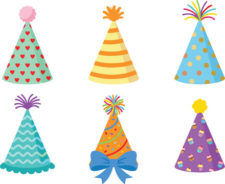 Cute Cartoon Colorful Birthday Party Hats Asset Vector Set