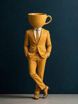 Man wearing a yellow suit with a giant coffee cup head standing against a dark blue wall