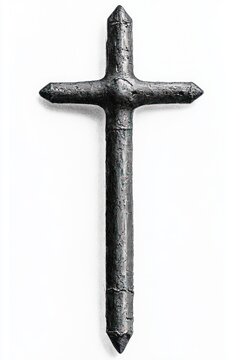 weathered metal cross on white background, stark and solemn, evoking reverence and quiet contemplation