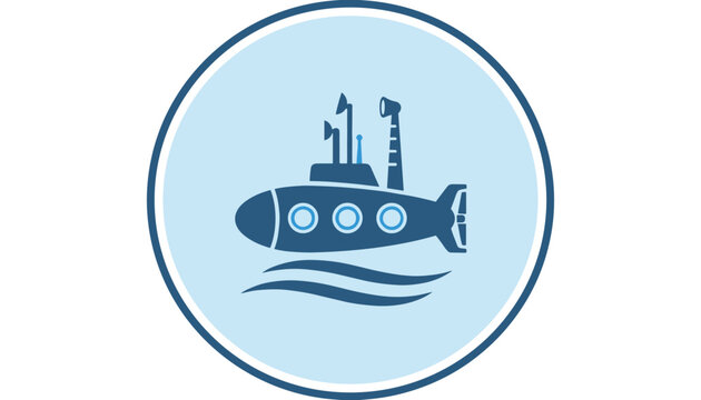 Circular maritime emblem featuring a blue submarine navigating on waves under the sea, designed in flat cartoon style.