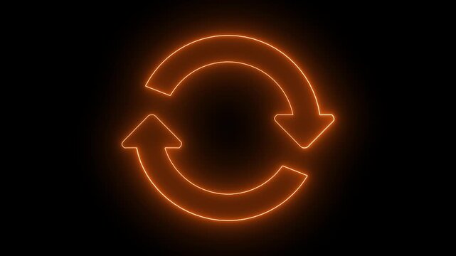 Glowing orange neon circular arrow refresh icon isolated on a solid black background