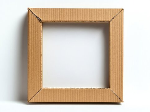 Corrugated cardboard square frame with empty center on white background, minimalist clean composition suggesting DIY creativity