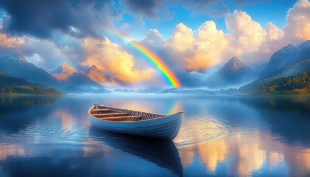 Solitary wooden rowboat on a mirror-calm mountain lake at sunrise, vivid rainbow arching over misty peaks and golden clouds with tranquil peaceful reflections