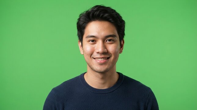 Handsome young Asian man smiling and looking at camera against green screen background chroma key
