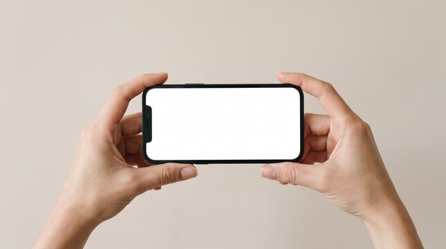 Hands holding black smartphone horizontally with blank white screen mockup isolated on neutral beige, mobile phone display template for app design, user interface presentation