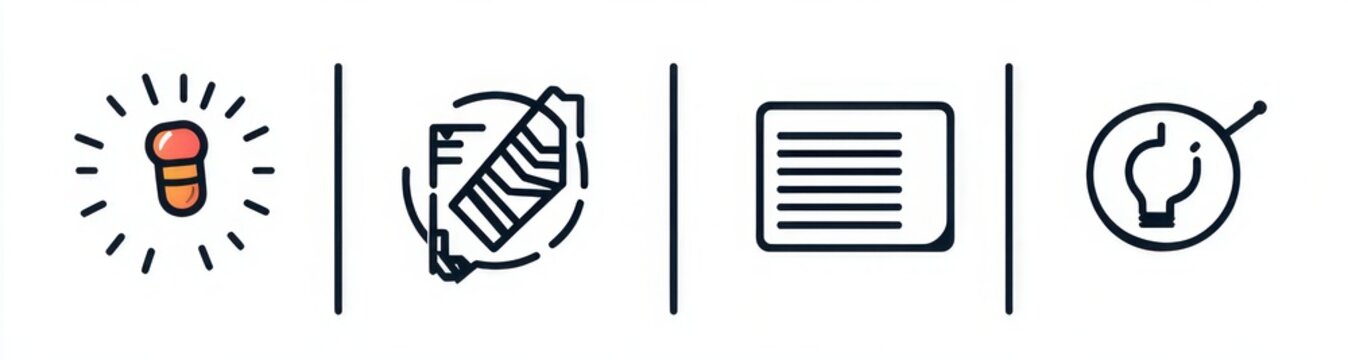 row of four minimalist outline icons: glowing orange notification capsule, pencil editing a sheet, text document, and circular location pin separated by vertical dividers, clean modern feel