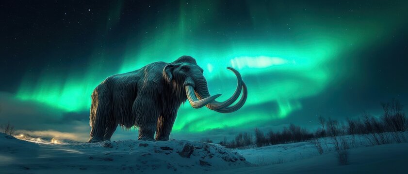 majestic woolly mammoth with long sweeping curved tusks standing on a snowy landscape beneath vivid green aurora borealis and starry night, serene and awe-inspiring