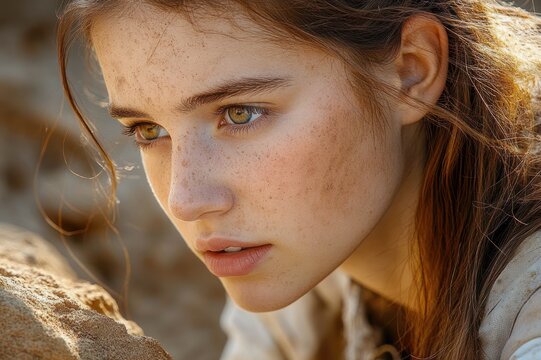 close-up portrait of a freckled young woman with hazel eyes and long brown hair, sunlit and pensive, leaning near sandy rocks with a contemplative gaze