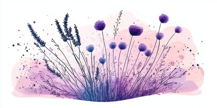 delicate cluster of purple wildflowers and tall grasses with round blooms, ink splatters and soft pink watercolor washes evoking a dreamy serene mood