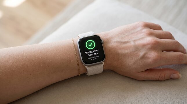 Close up of woman wrist wearing smartwatch displaying green checkmark and verification success message, illustrating secure mobile authentication, biometric login