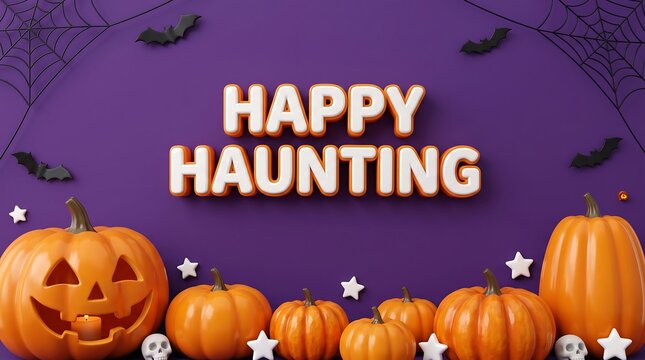 Happy haunting text with carved pumpkins and bats on a purple background for halloween celebration jack o lantern spider web halloween celebration decoration greeting seasonal tradition