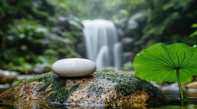 Smooth white pebble resting on a moss-covered rock in a shallow pool, large green leaf nearby, blurred waterfall and lush foliage in the background, serene and tranquil mood