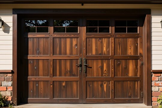 Wooden door to the garage of the house 