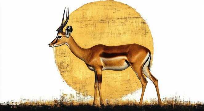 majestic brown antelope standing in profile before a textured golden sun disc over grassy silhouette, serene minimalist wildlife illustration