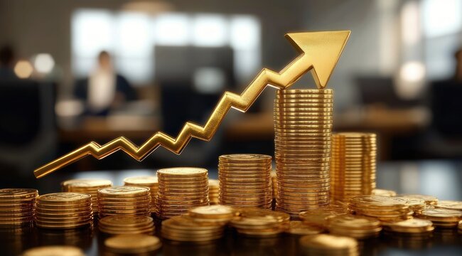 stacks of gold coins with a rising zigzag golden arrow in a blurred office scene conveying financial growth and optimistic success