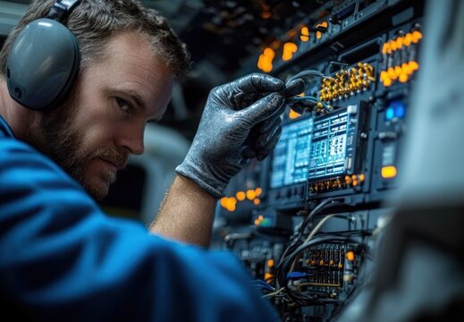focused technician in headset and gloves using pliers to adjust illuminated avionics control panel with wires connectors and screens inside aircraft cockpit, concentrated and precise