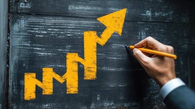 hand in suit sketching a yellow upward zigzag arrow on a dark wooden board conveying optimism and growth