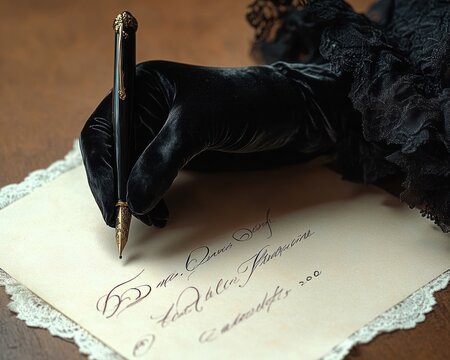 black velvet gloved hand writing elegant cursive calligraphy with a gold-nib fountain pen on lace-edged parchment, intimate and nostalgic mood