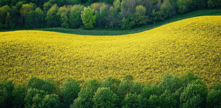 serene rolling yellow flowering field bordered by lush green trees under soft sunlight
