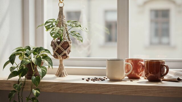 Ceramic mugs and green houseplants resting on wooden windowsill with still life home decor scandinavian relaxation decoration minimalist with breakfast