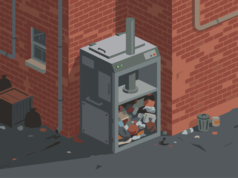 detailed isometric illustration showcases a micro compactor bin overflowing with trash bags It-s set in a gritty urban alleyway highlighting waste management and urban decay