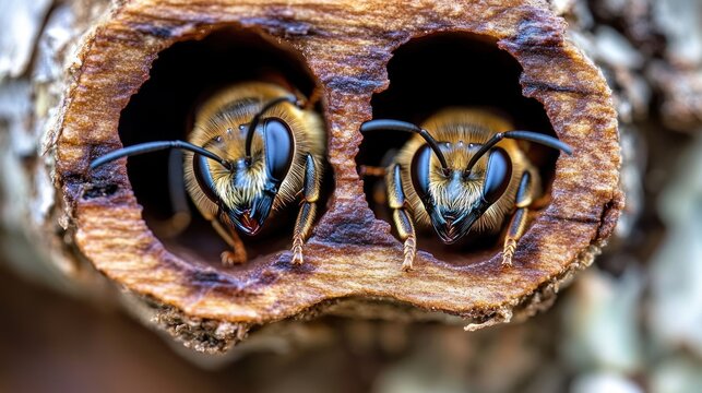 Two bees peering from adjacent round wooden nest holes, one partially obscured by a blurred square, close-up macro showing alert, curious expressions and textured wood interiors