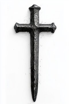 Weathered iron nail shaped into a simple cross on a white background, stark and somber