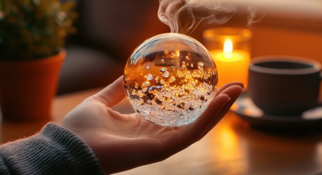 Hand holding a bubble-filled glass orb with rising steam, glowing candle, cup and saucer, and potted plant on a wooden table in a warm cozy contemplative evening scene