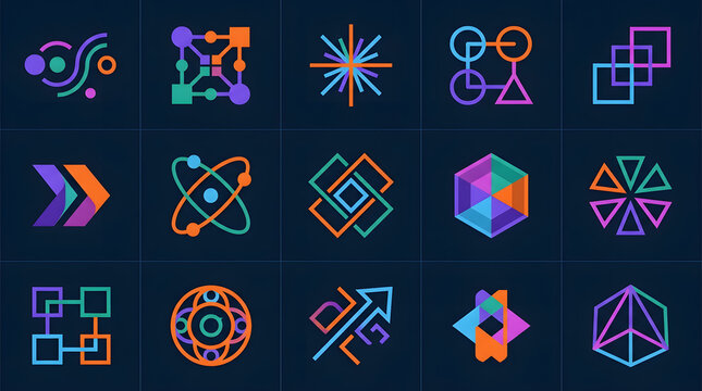 Abstract Geometric Icons Set: A vibrant collection of abstract geometric icons, featuring a variety of modern and minimalist designs, perfect for digital applications and branding.